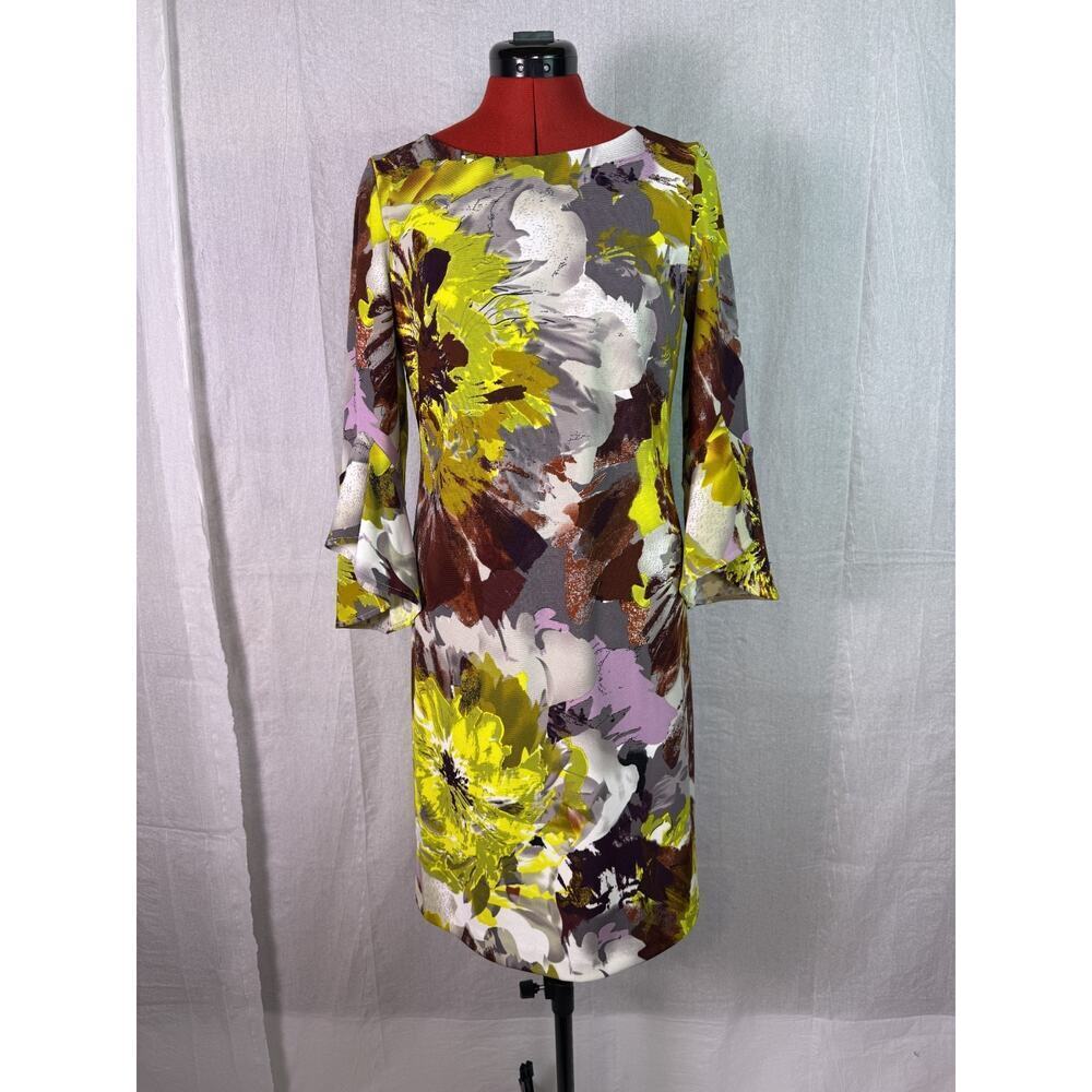 I LE New York Long Sleeve Midi Dress Floral Yellow Size 8 C963